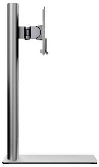 Silberner Monitorständer mit vertikalem Pfosten, verstellbarem Arm und flacher rechteckiger Basis auf weißem Hintergrund.