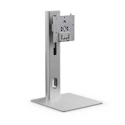 Edelstahl-Monitorständer mit verstellbarer VESA-Montagehalterung auf quadratischer Basis, vor weißem Hintergrund dargestellt.