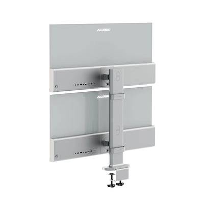 Dual-Monitor-Schreibtischarmlehne hält zwei Flachbildschirme vertikal mit Klemmfuß und verstellbarem zentralem Stützarm.