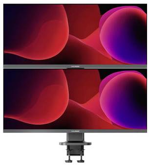 Zwei übereinander gestapelte ASUS-Monitore mit lebendiger rot- und purpurfarbener abstrakter Tapete auf einer Schreibtischklemmenhalterung.