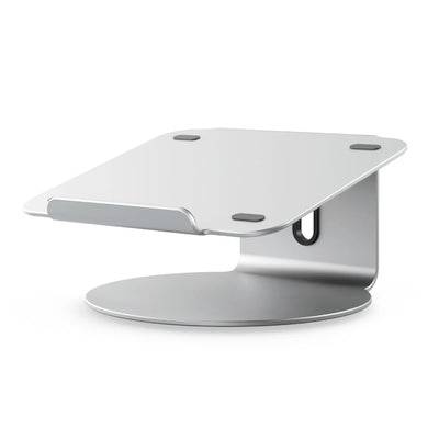 Silberner Metall-Displayständer mit geneigter oberer Plattform und rundem Sockel, auf weißem Hintergrund abgebildet.