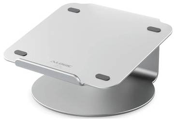 Silberner verstellbarer Laptop-Ständer mit rotierender runder Basis und vier schwarzen rutschfesten Pads auf der oberen Plattform.