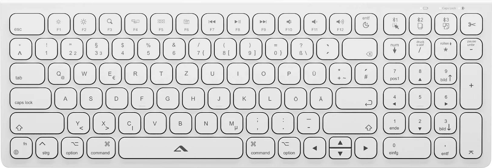 Draufsicht auf eine weiße kompakte Tastatur mit abgerundeten Tasten, einschließlich Pfeiltasten und numerischem Tastenfeld, auf hellem Hintergrund gezeigt.