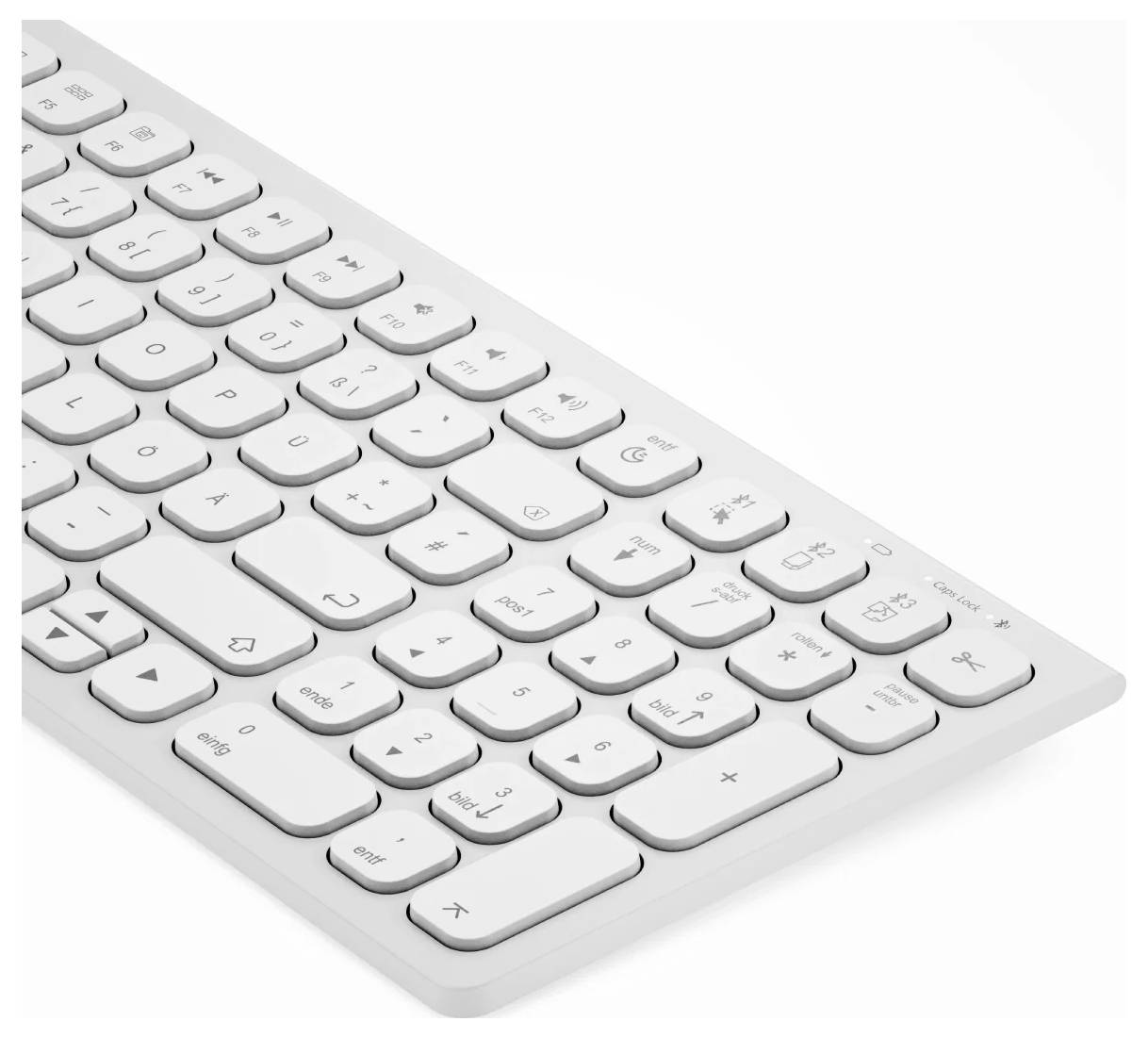 Weiße kabellose Computertastatur in Schrägansicht auf einfachem weißem Hintergrund.