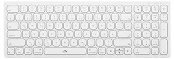 Weiße Apple-ähnliche Tastatur mit kompakten Tasten, einschließlich Funktionstasten, Pfeiltasten und numerischem Tastenblock auf der rechten Seite.