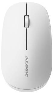 Weiße Logitech-Computermaus, von oben fotografiert, mit zentriertem Scrollrad und vertikalem Kabelstrang.