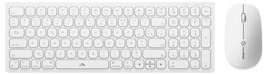 Weißes kabelloses Tastatur- und Mausset, das nebeneinander auf schlicht hellem Hintergrund gezeigt wird.