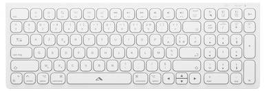 Weiße kompakte kabellose Tastatur mit Ziffernblock und Pfeiltasten, von oben auf einem einfachen Hintergrund abgebildet.