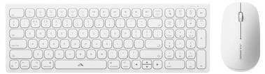 Weiße kabellose Tastatur und passende Maus nebeneinander auf hellem Hintergrund dargestellt.