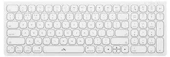 Weiße kabellose Tastatur von oben auf einfachem hellem Hintergrund dargestellt.