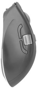 Nahaufnahme einer grauen ergonomischen Computermaus mit einem seitlichen Scrollrad und gekrümmtem Tastenfeld.