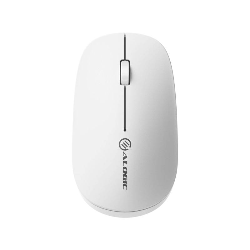 Weiße kabellose Logitech-Maus von oben betrachtet mit zentralem Scrollrad und vertikalem Logo.