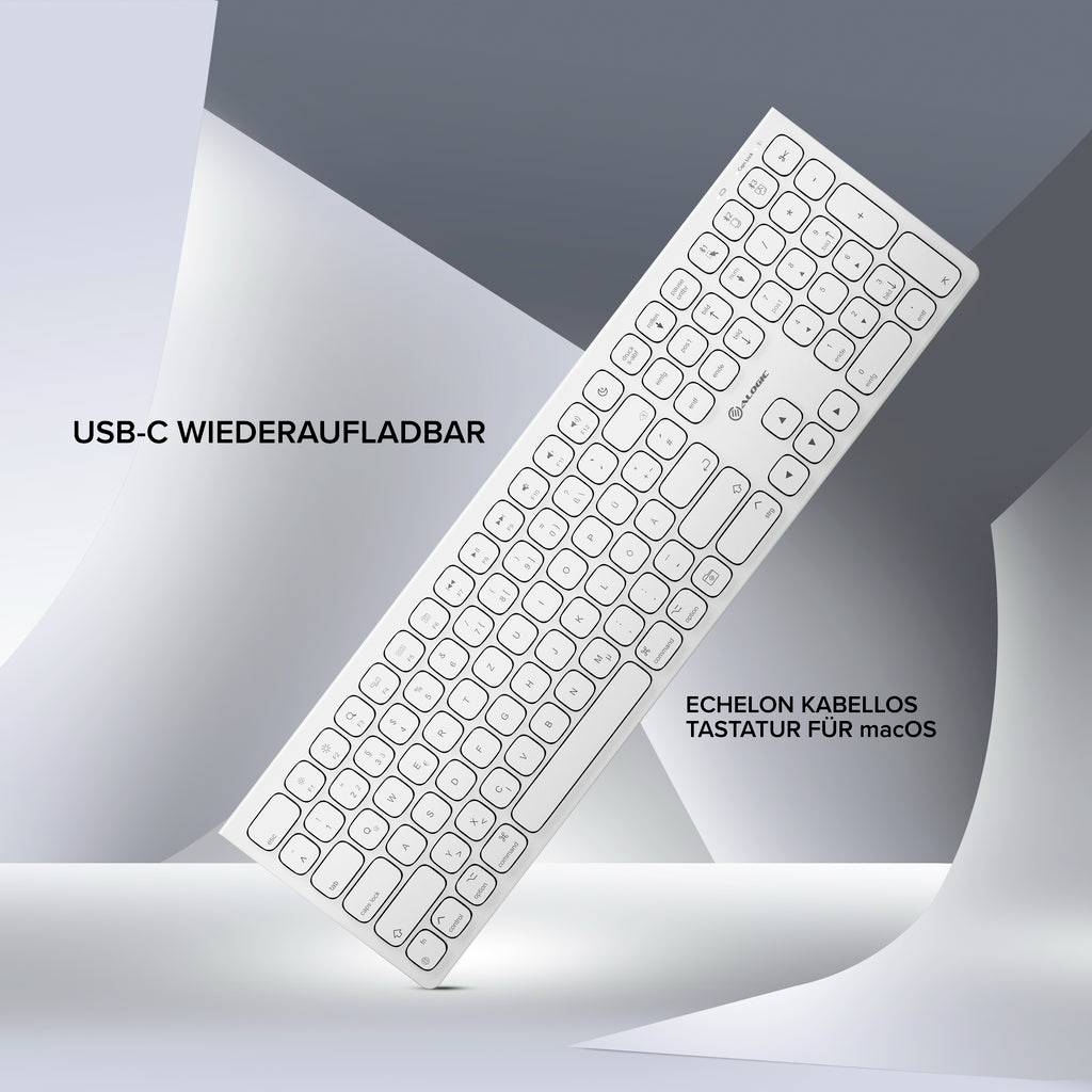 Weiße Echelon-Wireless-Tastatur in schräger Position auf grauem Hintergrund, beschriftet mit „USB-C WIEDERAUFLADBAR