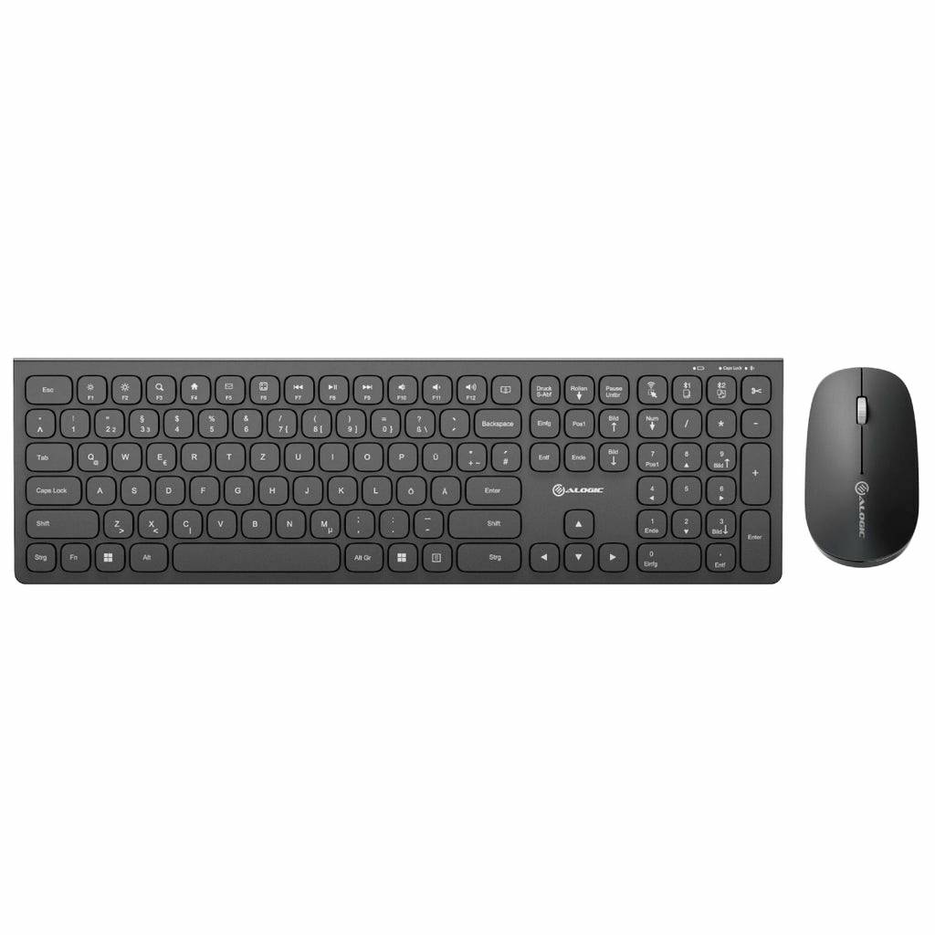 Schwarze kabellose Tastatur und Maus auf weißem Hintergrund.
