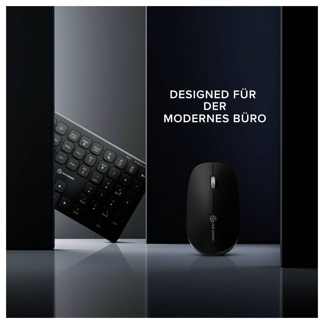 Kabellose Tastatur und Maus auf einer dunklen Oberfläche mit dem Text „DESIGNED FÜR DAS MODERNE BÜRO