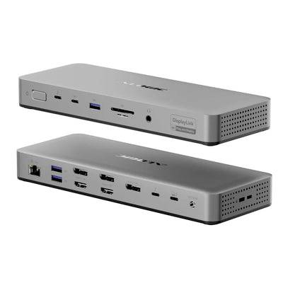 Zwei Ansichten einer kompakten silbernen DisplayLink-Dockingstation mit mehreren Anschlüssen auf der Vorderseite, einschließlich USB, Ethernet, HDMI und Audiobuchsen.