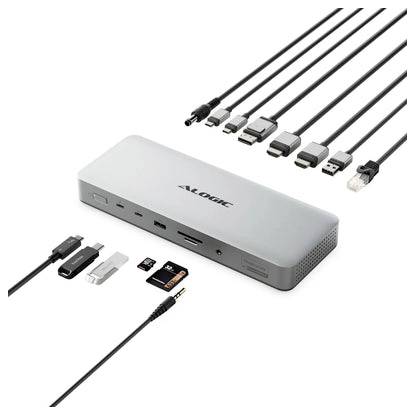 Silber Multi-Port Docking-Hub mit mehreren Kabeln und Adaptern für USB-, HDMI-, Ethernet-, SD- und Audioverbindungen.