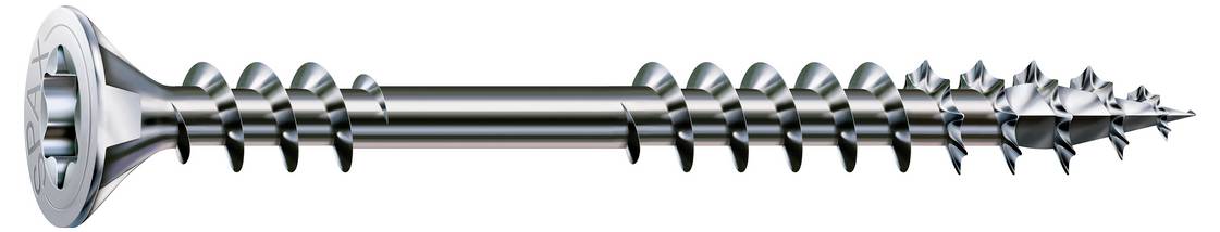 Eine metallische Schraube mit breitem Kopf, gewindelförmigem Schaft und bohrer-ähnlicher spitzer Spitze, dargestellt vor weißem Hintergrund.
