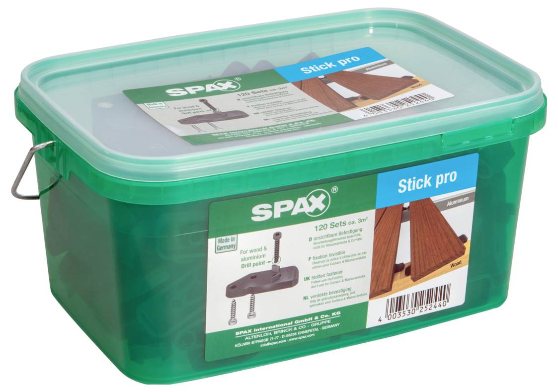 Grüne SPAX Kunststoff-Lagerkiste mit durchsichtigem Deckel, gekennzeichnet mit „Stick pro