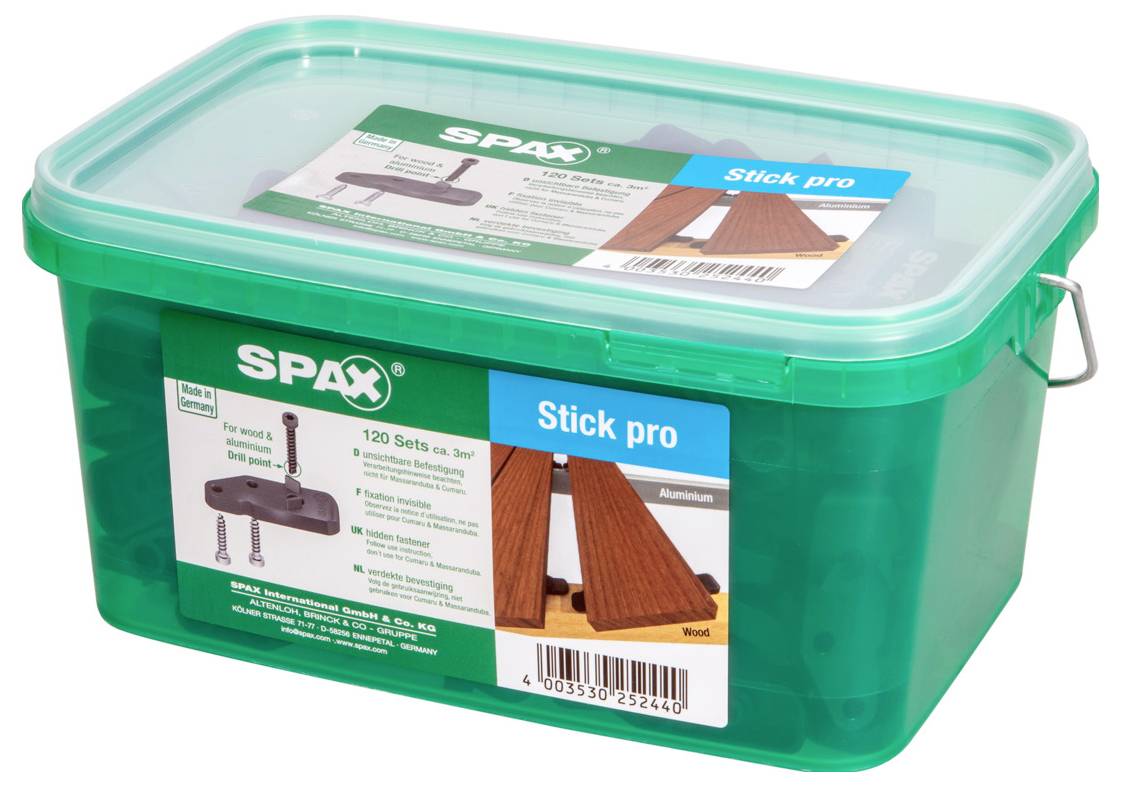 Grüne Kunststoff-SPAX-Stick-Pro-Aufbewahrungsbox mit durchsichtigem Deckel und Produktetiketten, dargestellt auf weißem Hintergrund.
