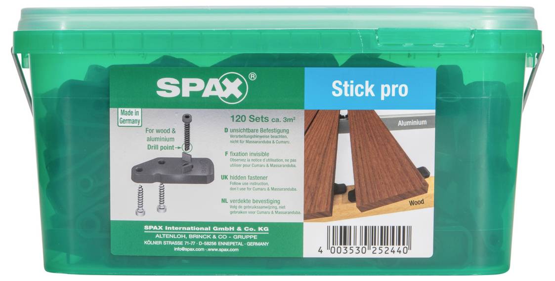 Grüne SPAX 'Stick pro' Lagerkiste mit 120 Holz- und Aluminium-Schraubensätzen mit Produktetikett und Barcode.
