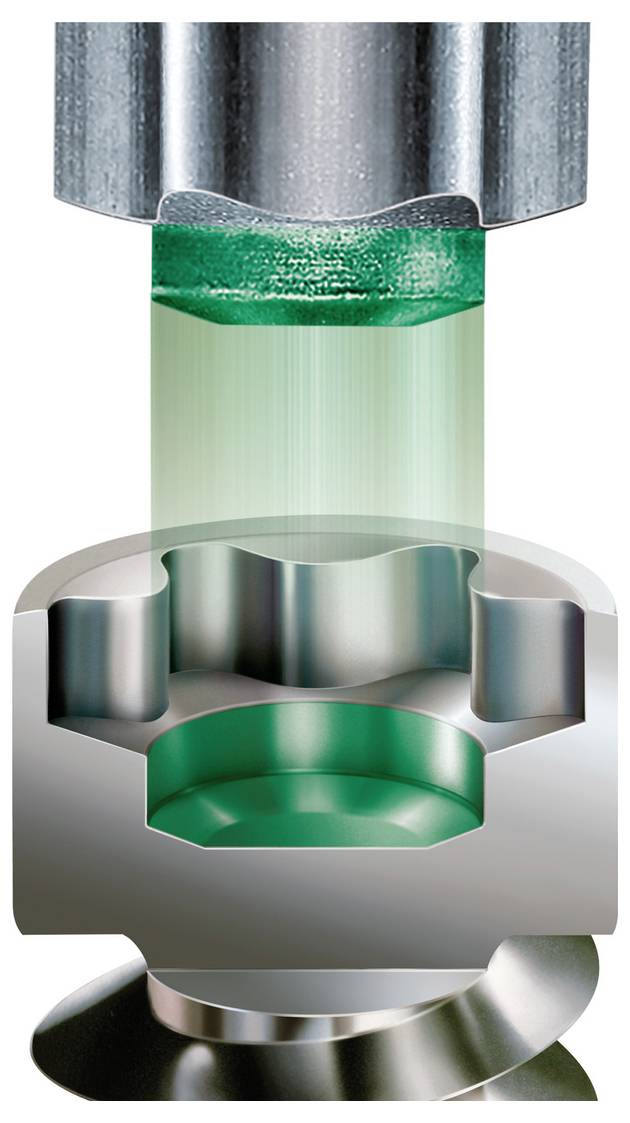 3D-Querschnitt einer Metallform, die Grünmaterial unter einem zylindrischen Stempel in ein konturiertes Bauteil presst und formt.