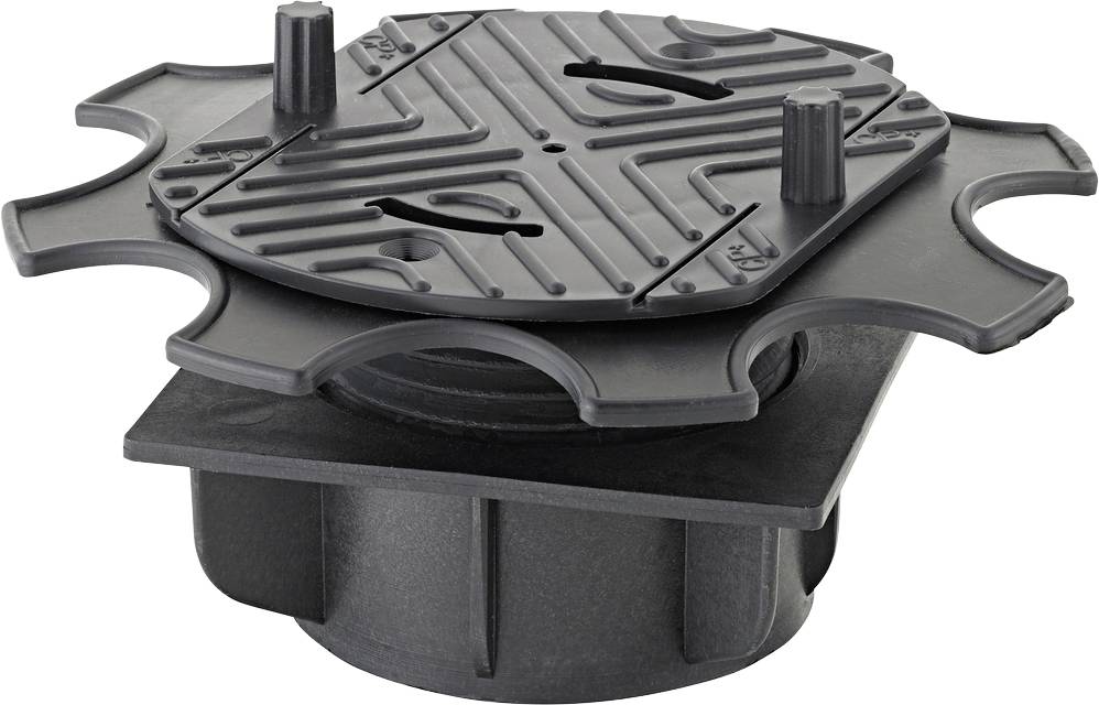 Schwarze Kunststoffstütze mit verstellbarer Höhe, quadratischer Oberplatte und rundem Fuß, verwendet zum Ausgleichen oder Erheben von Pflastersteinen oder Decking.