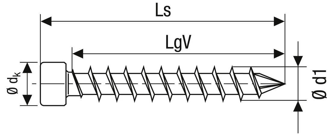 Technische Zeichnung einer Schraube mit beschrifteten Abmessungen: Ls Gesamtlänge, LgV Gewindelänge, ødk Kopfdurchmesser und ød1 Schaftdurchmesser.