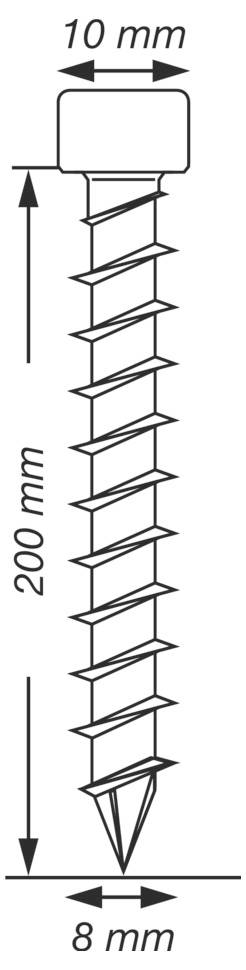 Diagramm einer Schraube mit beschrifteten Abmessungen: 10 mm Breite oben, 200 mm Länge und 8 mm Spitzenbreite.