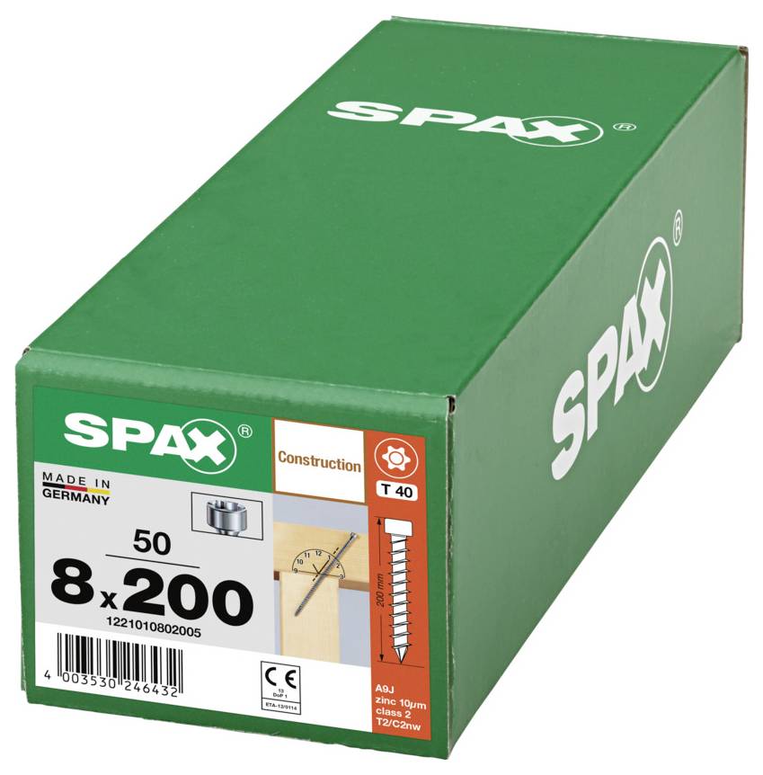 Grüne SPAX-Konstruktionsschrauben-Box mit Kennzeichnung 8 x 200, hergestellt in Deutschland, mit großer Schraubenabbildung und Barcode auf der Vorderseite.