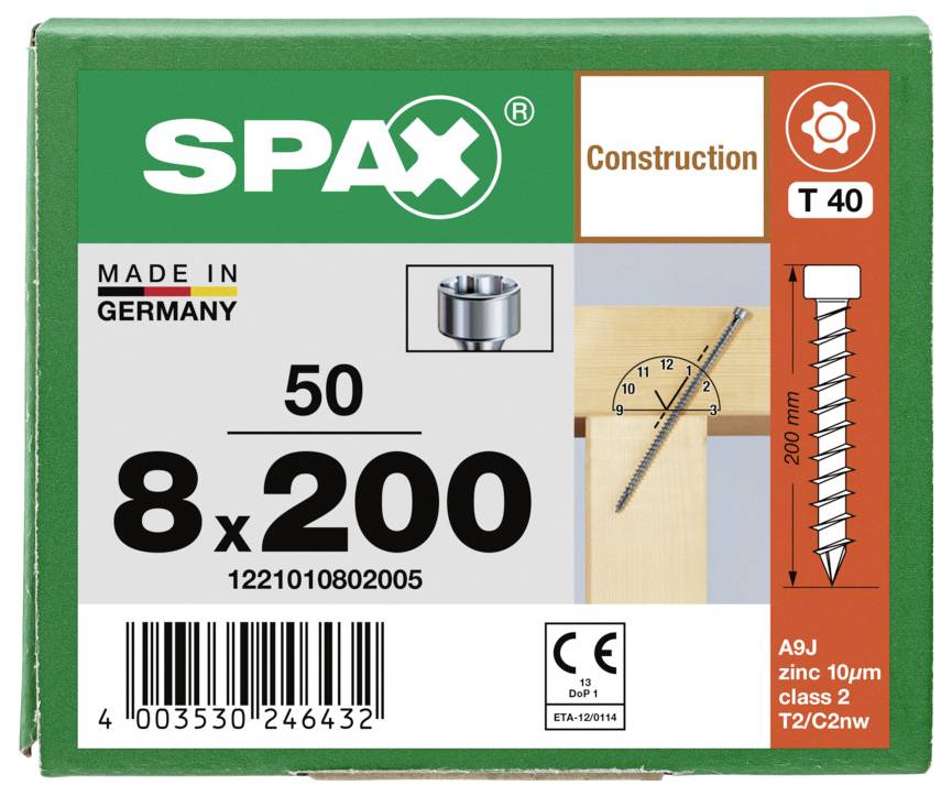SPAX Konstruktionsschraube Karton beschriftet 8 x 200, 50 Stück, hergestellt in Deutschland, mit Barcode und Schraubenabbildung.
