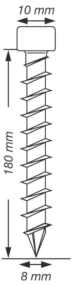 Diagramm einer Schraube mit Abmessungen: 10 mm Kopfbreite, 180 mm Länge und 8 mm Spitzenbreite.