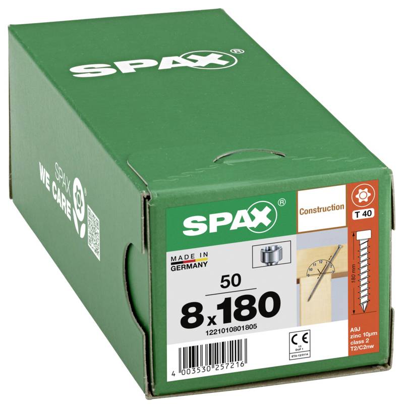 Grüne SPAX Konstruktionsschraube, Karton mit Beschriftung 8 x 180, T40, 50 Stück, Made in Germany.
