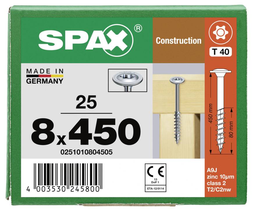 SPAX 0251010804505 Tellerschrauben 8mm 450mm T-STAR plus Stahl 25St.