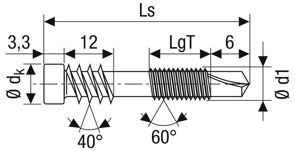 Technisches Diagramm einer Schraube mit Abmessungen und Winkeln: Ls, LgT, Durchmesser d1 und dk, Längen 3,3, 12, 6 und Gewindewinkeln 40° und 60°.