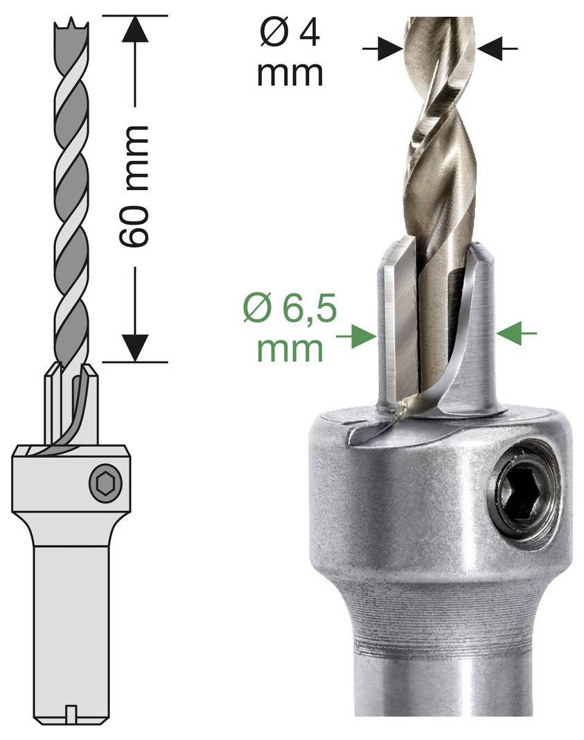 Bohrereradapter-Diagramm mit einem 4-mm-Bohrer mit 60-mm-Länge, der in eine 6,5-mm-Halterung passt, mit Pfeilen gekennzeichneten Abmessungen.