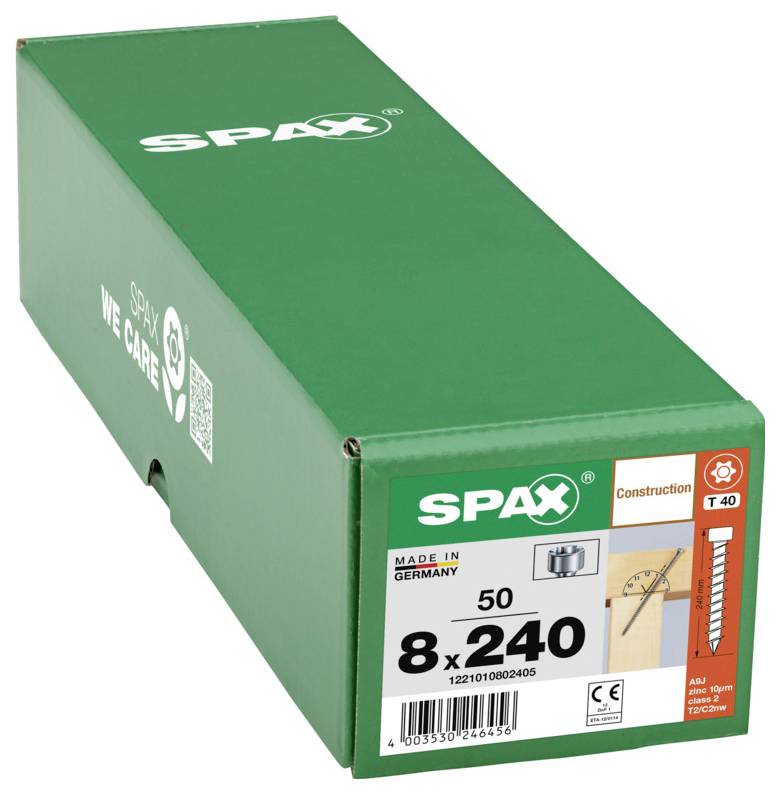 Grüne SPAX-Schachtel mit 8x240 Konstruktionsschrauben, gekennzeichnet mit 
