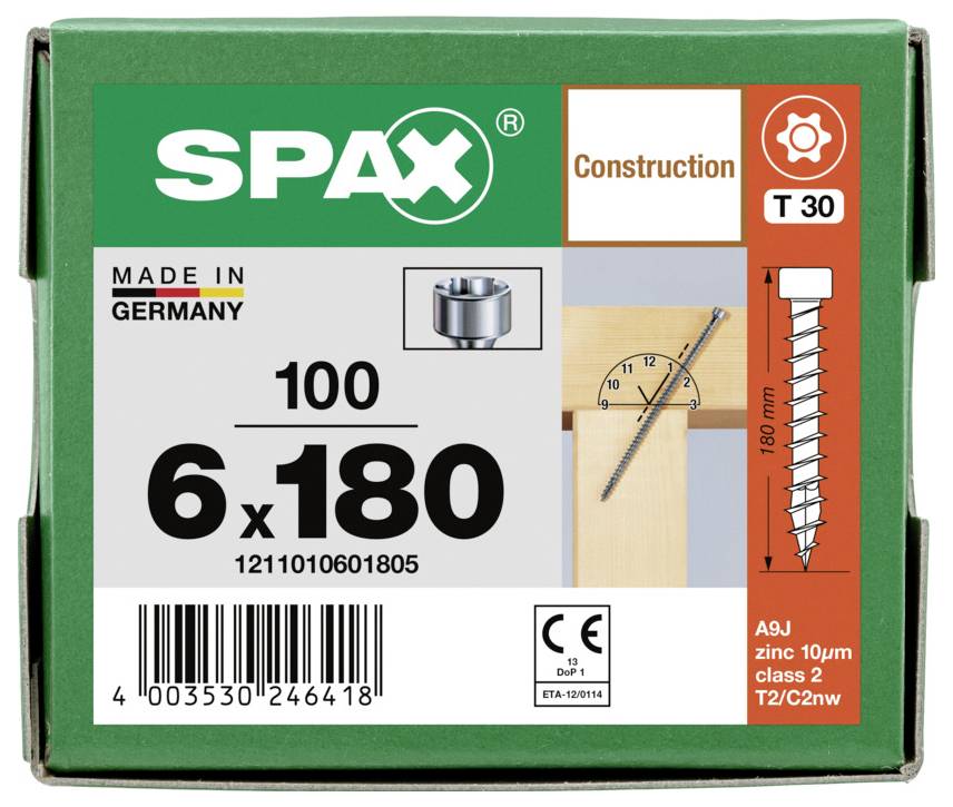 SPAX Konstruktionsschraube Karton mit der Bezeichnung '6 x 180', Packung mit 100 Stück, Hergestellt in Deutschland, mit einer Schraubenabbildung und Barcode.