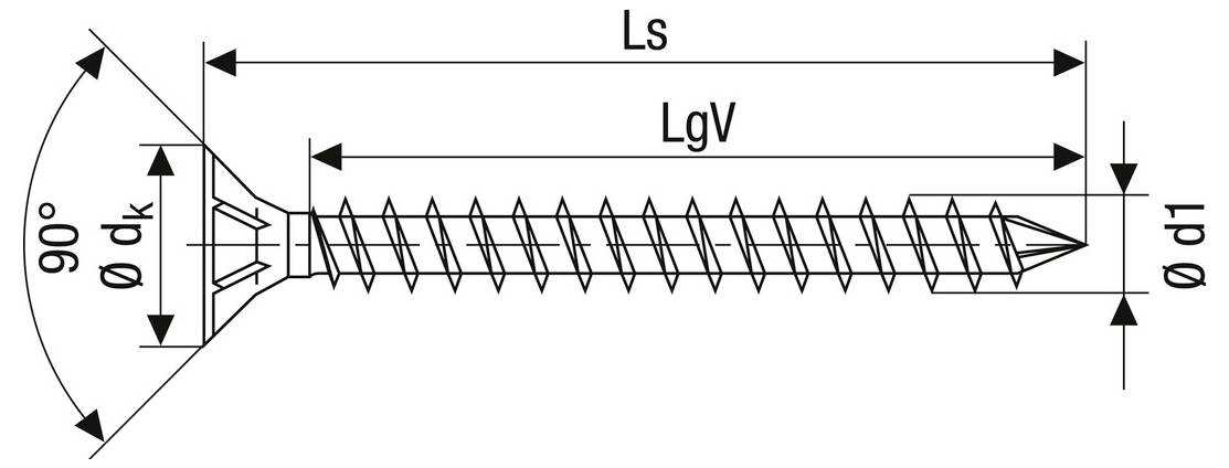 Diagramm einer Senkkopfschraube mit beschrifteten Abmessungen: 90°-Kopfwinkel, Kopfdurchmesser ødk, Länge Ls, Gewindelänge LgV und Schaftdurchmesser ød1.