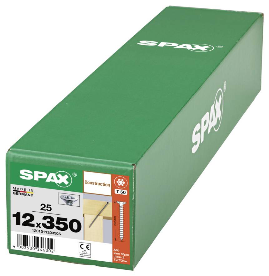 Grüne SPAX-Schraubenbox mit der Bezeichnung 12x350, hergestellt in Deutschland, mit Produkt- und Konstruktionsdetails auf der Vorderseite.
