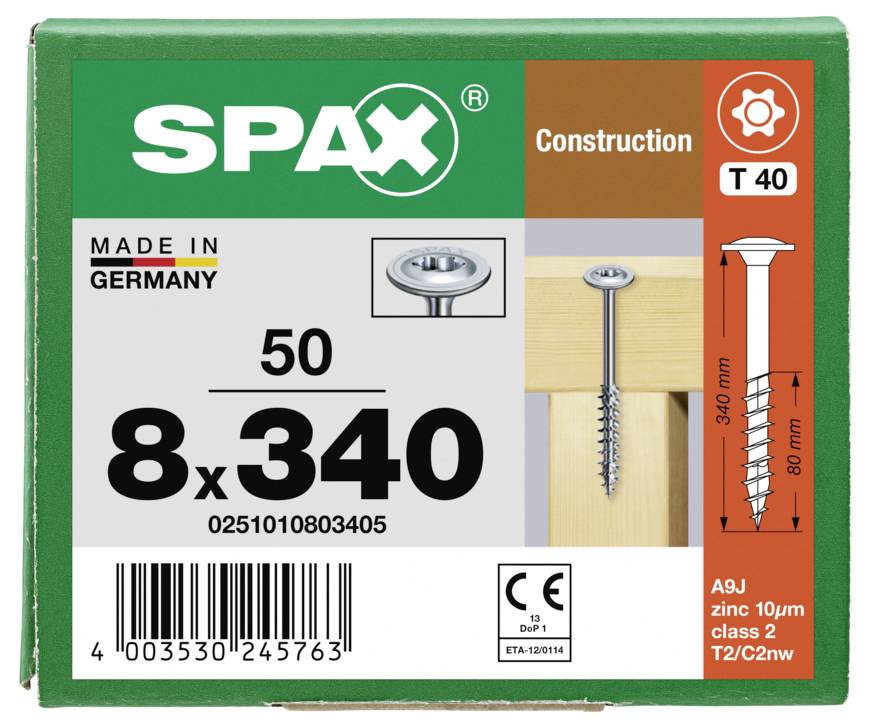 SPAX 0251010803405 Tellerschrauben 8mm 340mm T-STAR plus Stahl 50St.