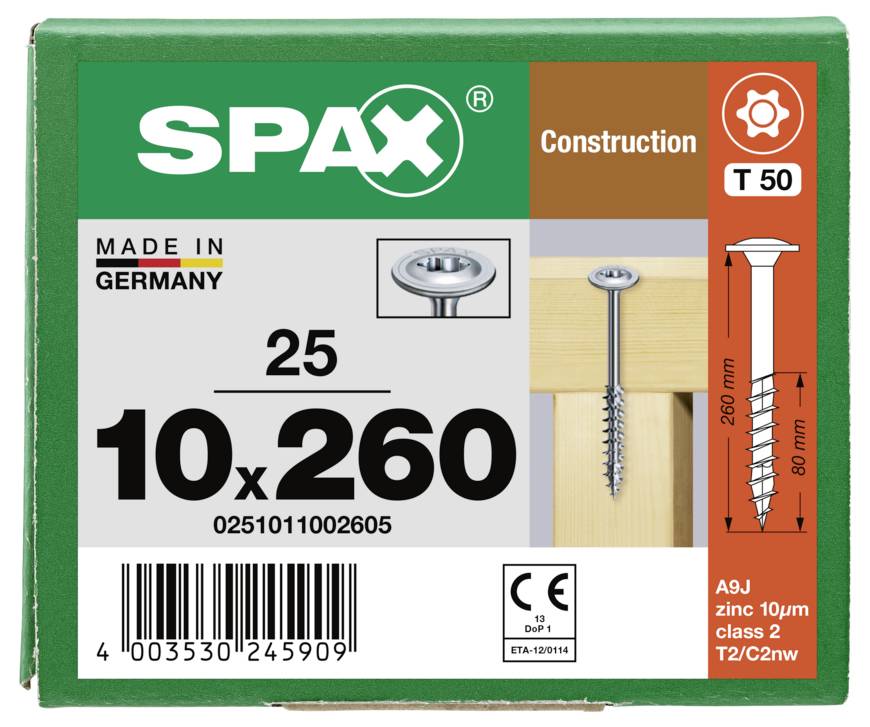 SPAX 0251011002605 Tellerschrauben 10mm 260mm T-STAR plus Stahl 25St.