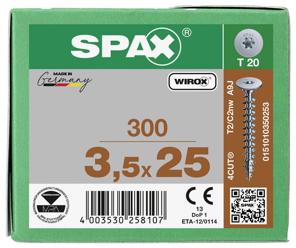 Schachtel SPAX 3,5 x 25 mm T20 Schrauben, beschriftet mit '300', mit Produktcodes, Barcode, QR-Code und Made in Germany Branding.