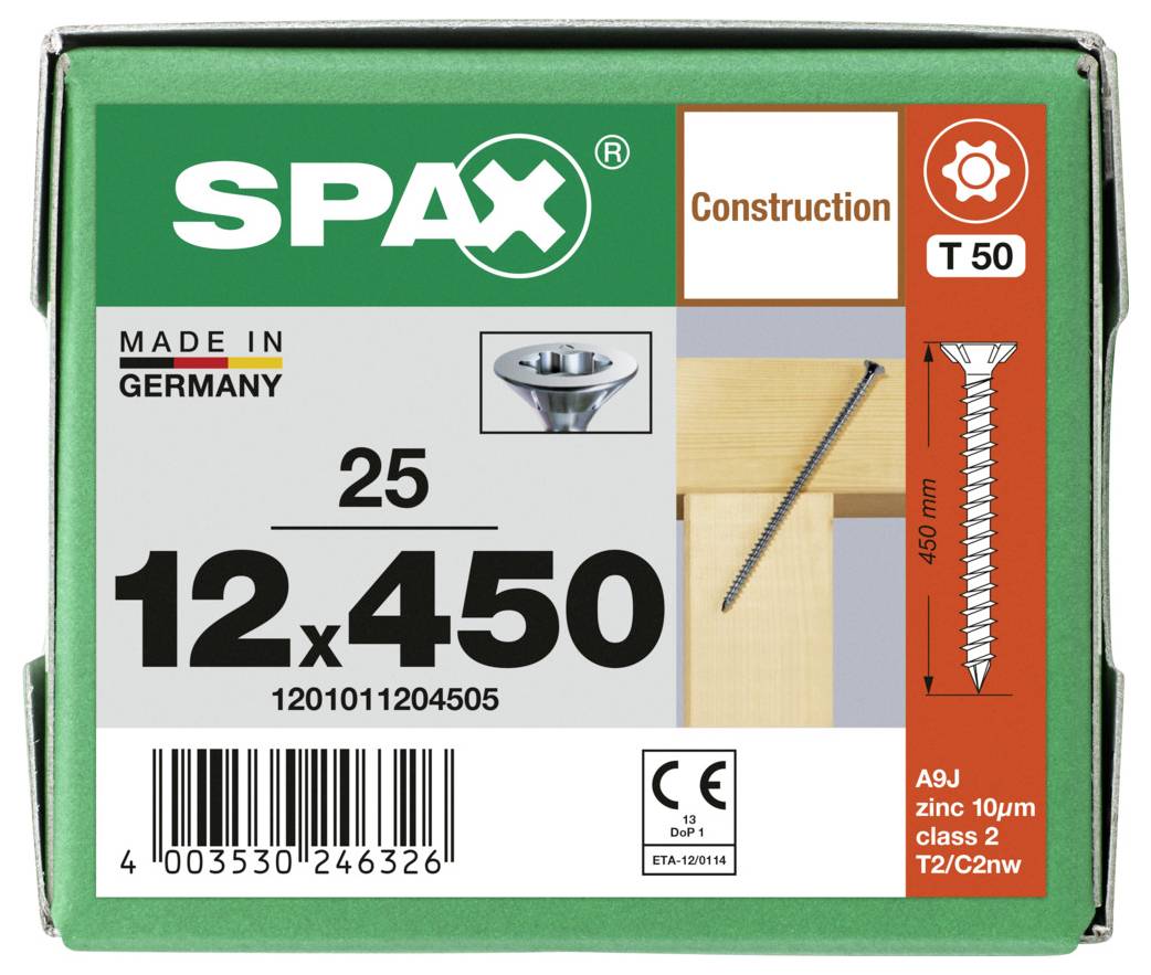 Schachtel mit SPAX-Konstruktionsschrauben, Typ T 50, Größe 12 x 450, hergestellt in Deutschland, zeigt eine Schraubenabbildung und einen Strichcode.