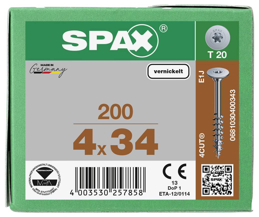 SPAX-Schachtel mit beschichteten Holzschrauben, Größe 4x34, Menge 200, T20-Antrieb, gekennzeichnet mit „vernickelt
