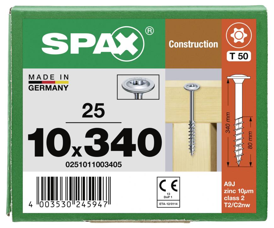 SPAX 0251011003405 Tellerschrauben 10mm 340mm T-STAR plus Stahl 25St.