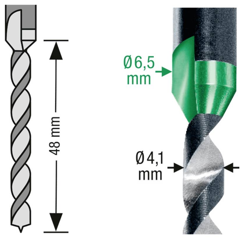 Diagram of a drill bit showing 48 mm length and diameters 6.5 mm and 4.1 mm.
