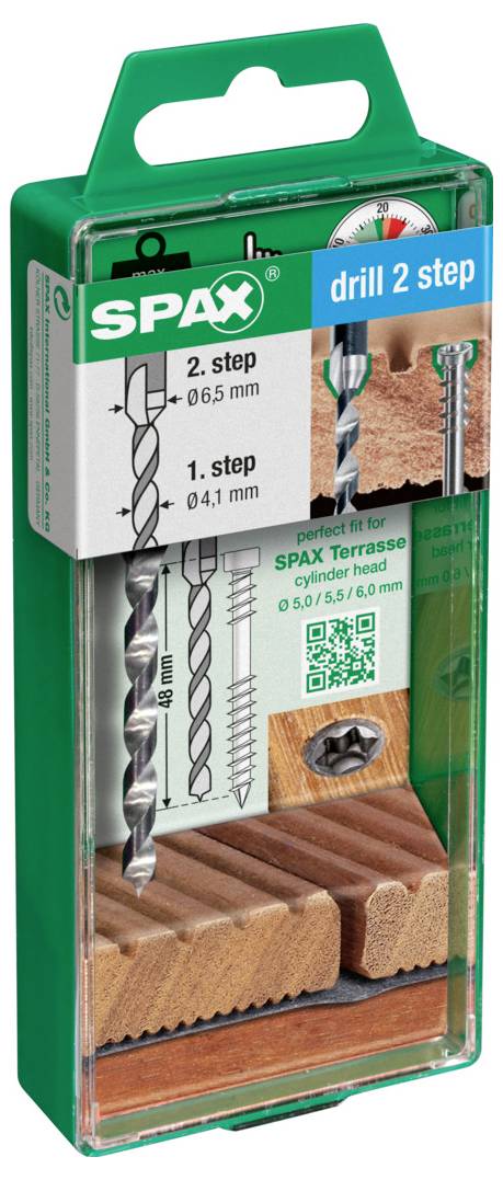 SPAX Bohrset 2er-Paket mit grünem Kunststoffkoffer mit einem 2-Stufen-Bohraufsatz-Set für Terrassenverbinder und Holzschrauben