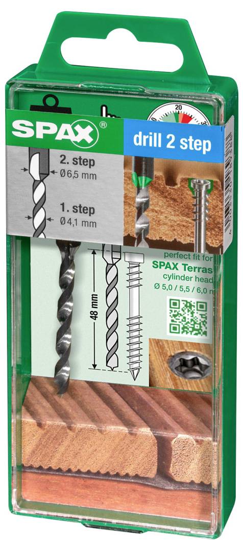 Grüne SPAX-Bohrer-2-Stufen-Packung mit Anzeige eines Bohrers und einer Schraube für Holz, mit Beschriftungen für 2-Stufen-Bohren und Größendetails.
