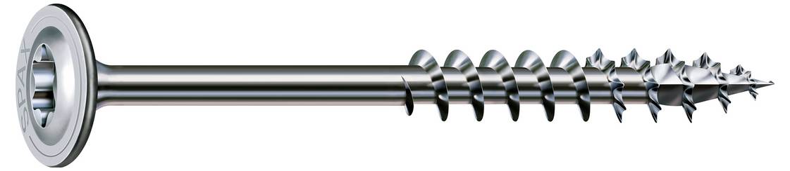 Eine Metallschraube mit breitem Unterlegscheibenkopf und langem Gewindelschaft, dargestellt in der Seitenansicht auf weißem Hintergrund.